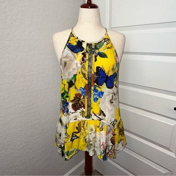 Roberto Cavalli Yellow Printed Silk Lace Detail Halter Floral Mix Print Top - Picture 1 of 15